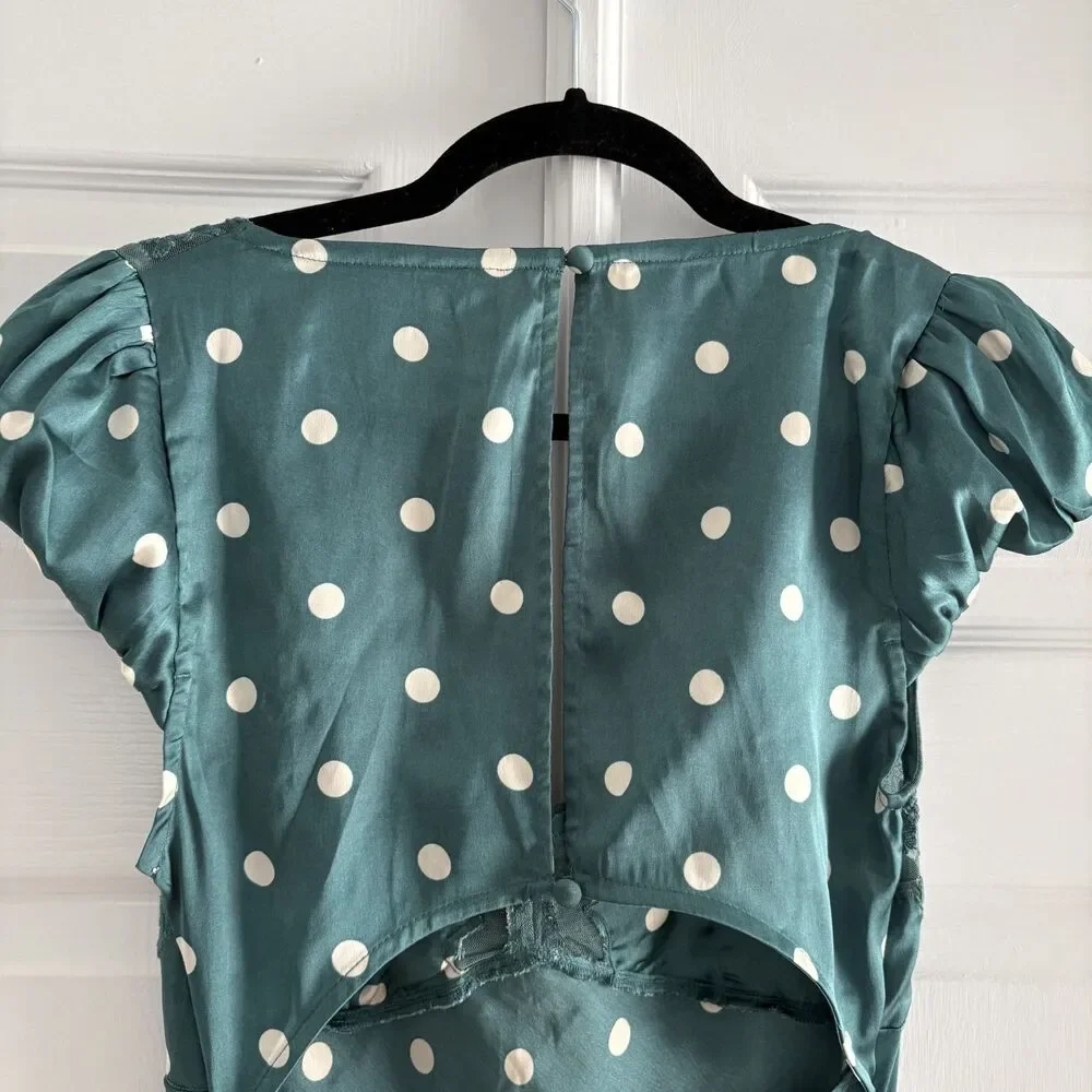 Free People Womens Butterfly Babe Polka Dot Sz Small Green Satin Maxi Dress EUC